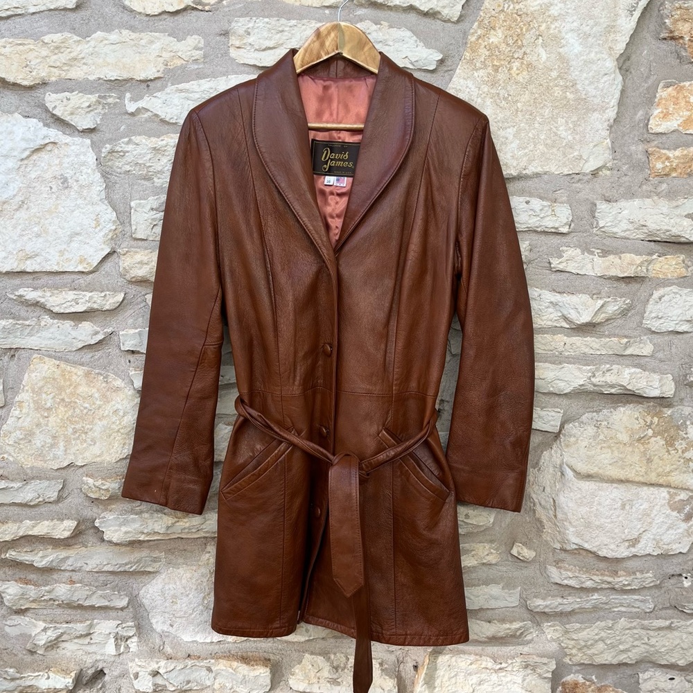Vintage David James Brown Brick Leather Belted Coat
